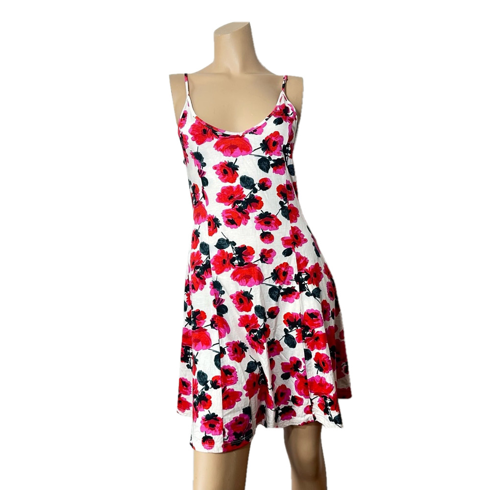 Billabong Chic White Floral Fit Flare Skater Dress Spaghetti Strap Size Large